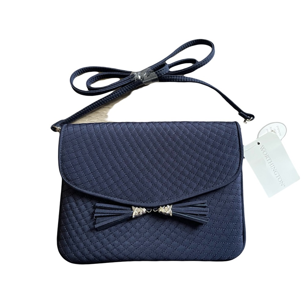 NWT Worthington Dark Blue Quilted Crossbody Bag with Tassels Purse Clutch Formal